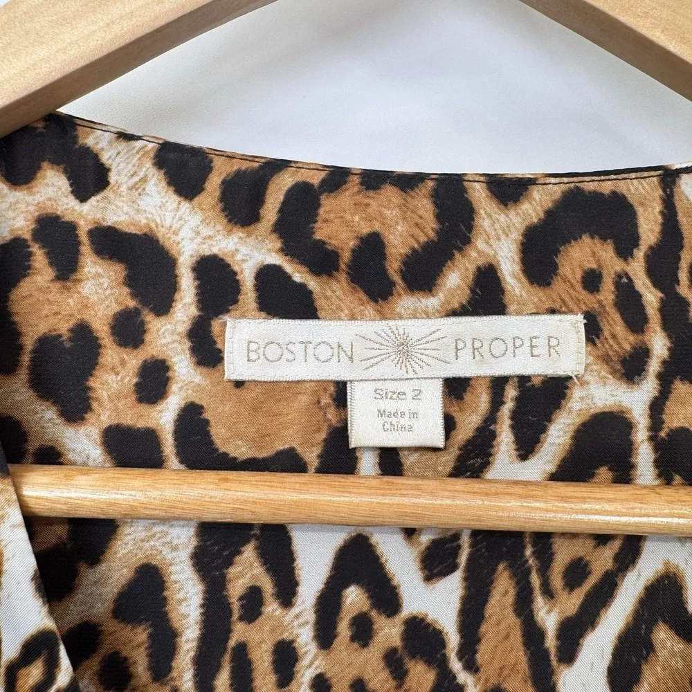Boston Proper Top Womens 2 Brown Animal Print Mob Wife Satin Polyester - Picture 6 of 16